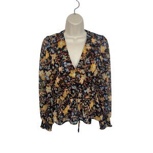 OLD NAVY Women's Size Small Black Floral Sheer Long Sleeve Keyhole Blouse
